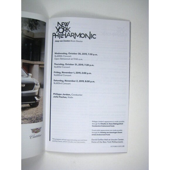 Philippe Jordan Fischer New York Philharmonic Playbill October 2019 Lincoln - Picture 3 of 5